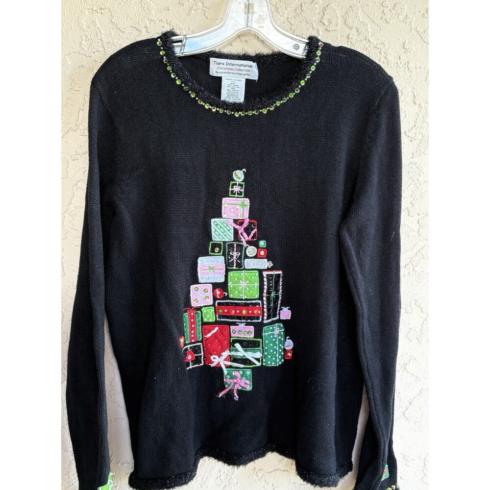Tiara International Black Ugly Christmas Sweater Womens XL Gift Tree Holiday